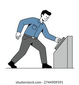 Smiling Man in Blue Shirt Operating a Control Panel or Machine with Buttons, Efficiently Working with Technology, Flat Vector.