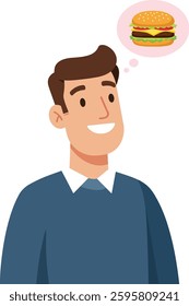 A smiling man in a blue sweater envisions a colorful hamburger, conveying a light-hearted and joyful mood in this engaging vector scene.