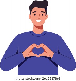 A smiling man in a blue sweater forms a heart with his hands, radiating positivity and warmth, set against a simple white background.