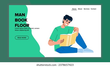 smiling man book floor vector. young happy, male home, education guy smiling man book floor web flat cartoon illustration