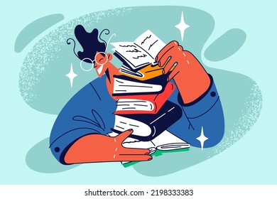 Smiling man with books pile excited with literature. Happy male student with textbooks stack learning and reading. Education and hobby. Vector illustration. 