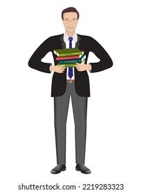 Smiling man with books. Vector illustration. Isolated on white.