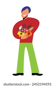 Smiling Man with a Bouquet of Flowers. Beauty people and nature concept vector