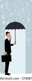 Hombre sonriente con un sombrero de bolos y con una cartera escondida bajo un paraguas de la lluvia de símbolos de moneda, ilustración vectorial, sin transparencias, EPS 8