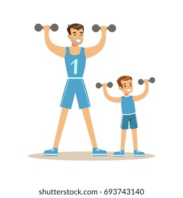 Smiling man and boy exercising with dumbells, dad and son having good time together colorful characters