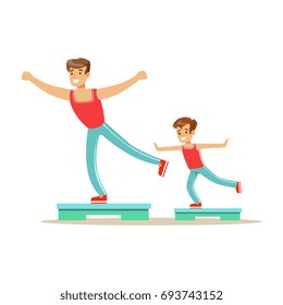 Smiling man and boy happily exercising aerobic steps, dad and son having good time together colorful characters