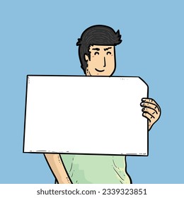 Hombre sonriente o niño Mantener afiche o pancarta o papel en blanco para la protesta aislado en el vector de fondo azul ilustraciones modernas