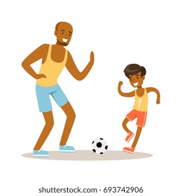 Smiling man and boy playing soccer, dad and son having good time together colorful characters