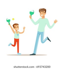 Smiling man and boy playing table tennis, dad and son having good time together colorful characters