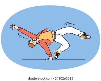 Hombre sonriente bailando breakdance en el suelo. Chico talentoso feliz que se divierte comprometido en la danza del hip hop. Pasatiempo y entretenimiento. Ilustración vectorial.