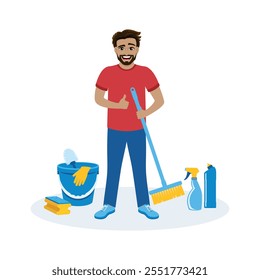 Smiling man with a broom and cleaning tools vector illustration. Happy handsome man cleaning home icon set. Cheerful guy doing housework cartoon style. Man cleaner with thumbs up vector