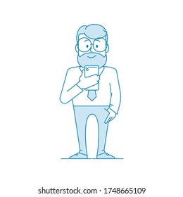 Smiling man browses the message on a smartphone. Social Networking Concept or online chat . Man with a beard and glasses. Illustration in line art style Vector