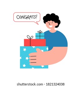 Smiling man with bubble lettering phrase holds gift boxes in hand. Trendy flat vector illustration isolated on white background. Art for greeting card, web banner, social media, sticker.