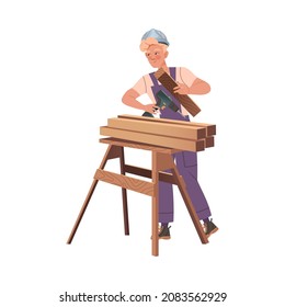 Smiling Man Builder Character with Drill and Wood Material Building House Vector Illustration