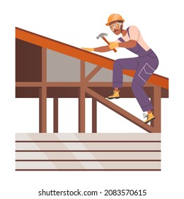 Smiling Man Builder Character with Hammer Sitting on Roof Top Building House Vector Illustration