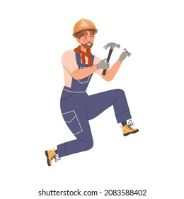 Smiling Man Builder Character with Hammer and Nail Building House Vector Illustration