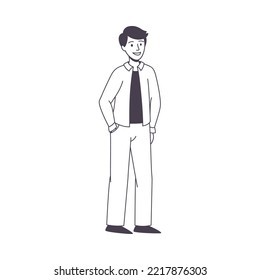 Smiling Man Business Character Standing with Hand in Pocket Vector Illustration