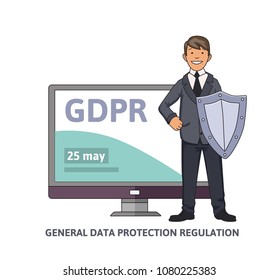 Smiling man in business suit with a shield in front of computer monitor showing GDPR date. General data protection regulation. GDPR, RGPD, DSGVO. Concept vector illustration. Flat style. - Powered by Shutterstock - Get 15% off with code: PIKWIZARD15