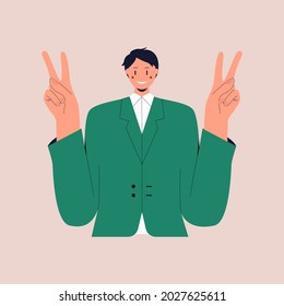 A smiling man in a business suit shows the peace sign. The victory gesture. V sign. Colorful flat vector illustration on isolated background. Eps 10.