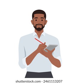 Smiling man in business suite takes notes in notepad. Flat vector illustration isolated on white background