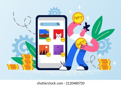 Smiling man buy online on web app store on cellphone with nft coins. Male client use tokens purchase from smartphone application. Cryptocurrency and block chain concept. Vector illustration. 