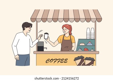 Smiling man buy takeaway coffee in street coffeeshop from female barista. Happy girl serve guy client make espresso or cappuccino in cafeteria. Small business concept. Vector illustration. 