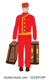 A smiling man carrying luggage.