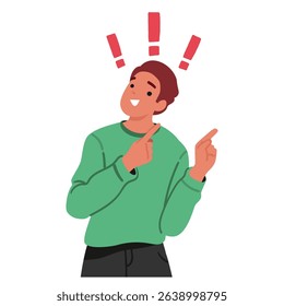 Smiling man cartoon character with exclamation marks having idea of problem solution pointing fingers aside isolated on white background. Optimistic guy discovering great decision vector illustration