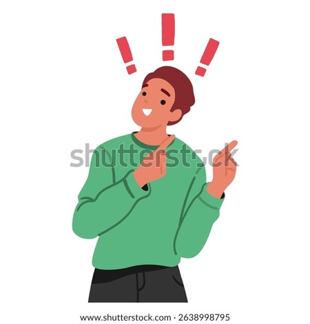 Smiling man cartoon character with exclamation marks having idea of problem solution pointing fingers aside isolated on white background. Optimistic guy discovering great decision vector illustration