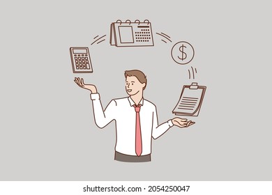 Smiling man cartoon character using calculator machine plan company budget investment. Male with documents planner manage expenses. Business, finance concept, flat vector illustration. 