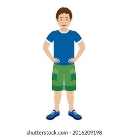 Hombre sonriente con un vector de ícono de ropa informal. Hombre feliz con icono de ropa deportiva aislado en un fondo blanco. Niño alegre con camisa azul y pantalones cortos verdes con las manos en vector de cadera