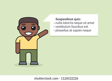 Smiling man in casual clothes with a speech bubble. Businessman or office manager giving a business presentation. Cartoon character in flat style