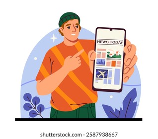 Smiling man in casual outfit points at smartphone displaying online news. Modern flat-style design with a nature-inspired background. Concept of digital media. Vector illustration