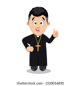 Smiling man, catholic priest in black cassock with pectoral cross on breast showing thumb up, like gesture. Cartoon vector illustration isolated on white background.