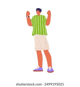 Smiling man celebrating and raising hands up, flat cartoon vector illustration. Isolated male personage expressing excitement and delight. Happy person with accomplishments and success