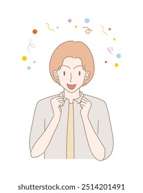 Smiling man celebrating victory gesturing with hands, fists. Happy winner with excited expression of joy, yes winning sign. Confetti behind. Hand drawn flat cartoon character vector illustration.