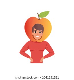 Carácter sonriente de hombre en vectores de cabeza de fruta de manzana Ilustración en fondo blanco