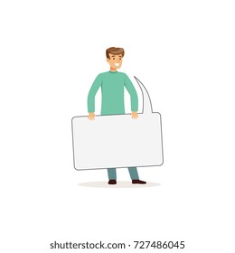 Smiling man character in casual clothes holding empty rectangular message board, speech cloud vector Illustration