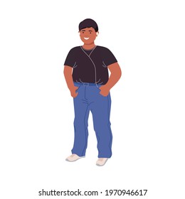 Smiling Man Character with Corpulent Body in Standing Pose with Earphones Listening to Music Full Length Vector Illustration