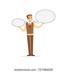 Smiling man character with empty oval shaped message boards, speech bubbles vector Illustration