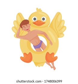 Smiling Man Character Floating on Rubber Duck Shaped Swim Tube in Swimming Pool Vector Illustration