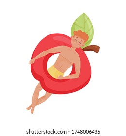 Smiling Man Character Floating on Rubber Apple Shaped Swim Tube in Swimming Pool Vector Illustration