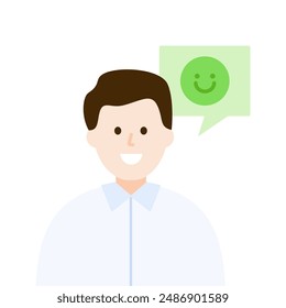 Smiling man character with happy emoji face speech bubble. Success, solution, opinion, idea, option, choice concept. Flat character vector design isolated illustration.