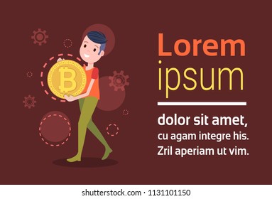 caracter de hombre sonriente sujetando una plantilla de divisa criptográfica de minería de bitcoin para el trabajo de diseño o la animación sobre fondo rojo espacio de copia de longitud completa ilustración horizontal de vector plano