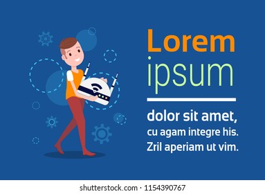 smiling man character holding wireless drone controller template for design work or animation over blue background full length flat copy space horizontal vector illustration