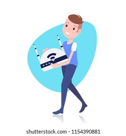 smiling man character holding wireless drone controller template for design work or animation over white background full length flat vector illustration