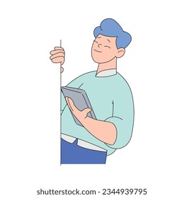 Smiling Man Character Looking Out of Corner with Tablet Vector Illustration