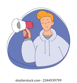 Smiling Man Character Looking Out of Shape with Megaphone Vector Illustration