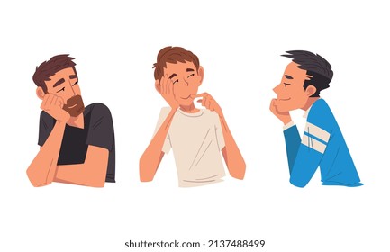 Smiling Man Character Looking at Someone Demonstrating Attention Half Length Vector Set
