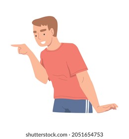 Smiling Man Character Pointing with Index Finger as Hand Gesture Vector Illustration